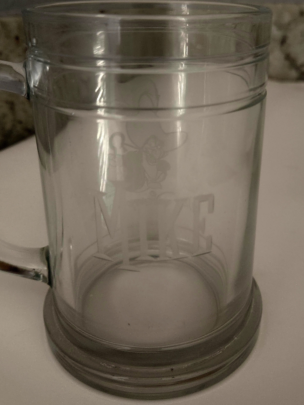 Disney Clear Glass Stein Mug with Etched Design Capt. Hook On Front/Mike On Back
